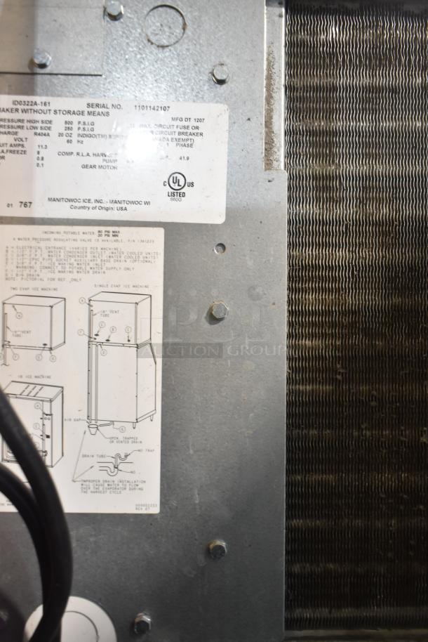 Manitowoc ID0322A-161 Commercial Ice Maker label details. UL-listed, 115V, 1 Phase. Serial No. 110142107, diagrams visible.