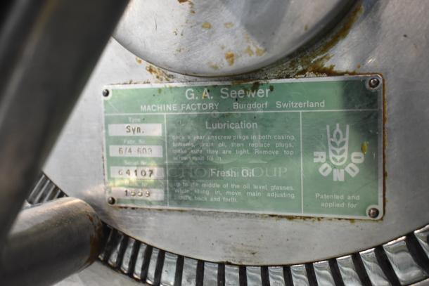 Rondo Seewer commercial dough sheeter label, Type Syn, Serial 64107, lubricating instructions visible, used condition.
