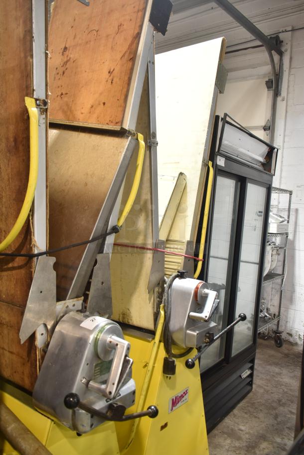 Rondo Seewer SSOR3 C reversible dough sheeter, commercial floor style, 208/250V, 1 phase, manually adjustable, yellow casing.