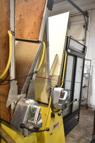 Rondo Seewer SSOR3 C reversible dough sheeter, commercial floor style, 208/250V, 1 phase, manually adjustable, yellow casing.