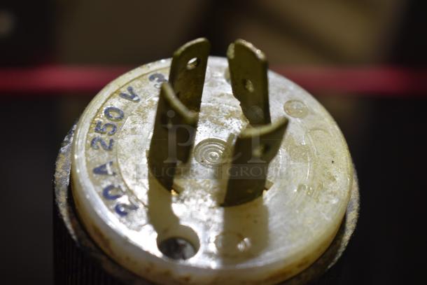 Rondo Seewer SSOR3 C dough sheeter power plug. Marked 20A 250V. Close-up view showing prongs and markings.