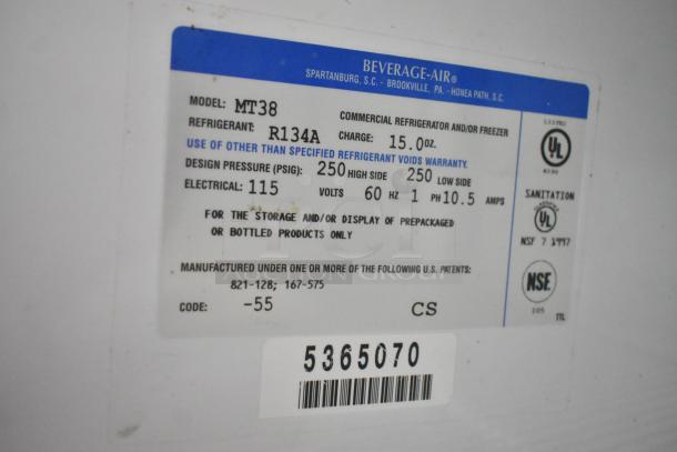 Beverage Air MT38 label showing model details: refrigerant R134A, 115V, 1 phase. Includes UL and NSF certifications.