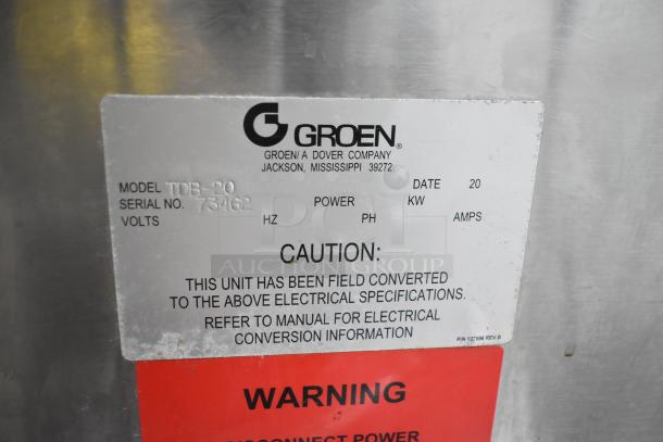 Groen TDB-20 Commercial 20 Quart Tilting Steam Kettle, label showing model and conversion caution.