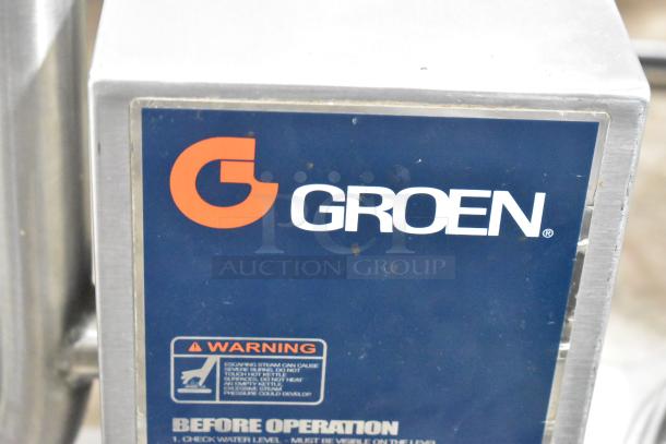 Groen TDB-20 Commercial 20 Quart Tilting Steam Kettle with visible brand logo and safety warning label.