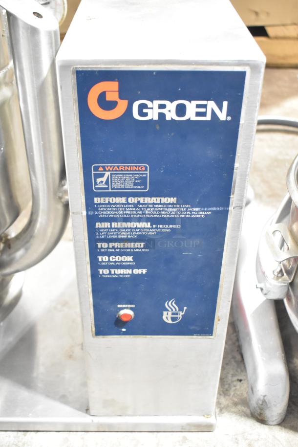 Groen TDB-20, 20 Quart Tilting Steam Kettle with control panel. Features stainless steel construction and safety instructions.