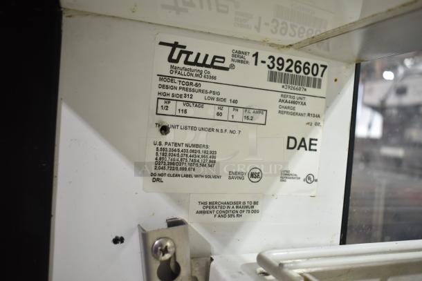 True TCGR-50 Commercial Refrigerated Merchandiser label, 115V, 1 Phase, showing model, patents, and NSF certification.
