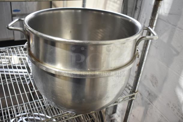 3 Hobart mixer bowls: D30 30-quart, VMLH-40 40-quart, stainless steel, good condition, handles for easy lifting.