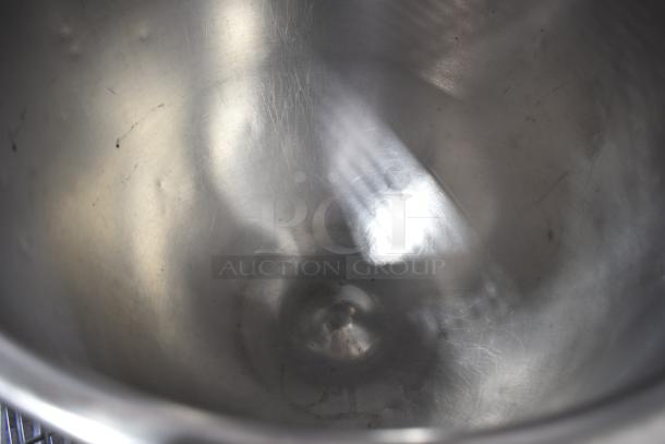 Three Hobart mixer bowls, including D30 30 quart and VMLH-40 40 quart. Visible wear, perfect for commercial use.