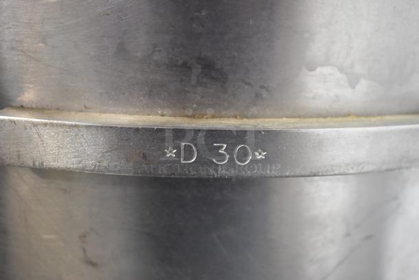 Hobart mixer bowl close-up showing "D 30" marking, stainless steel, part of a 3-bowl lot including 30 and 40 quart sizes.