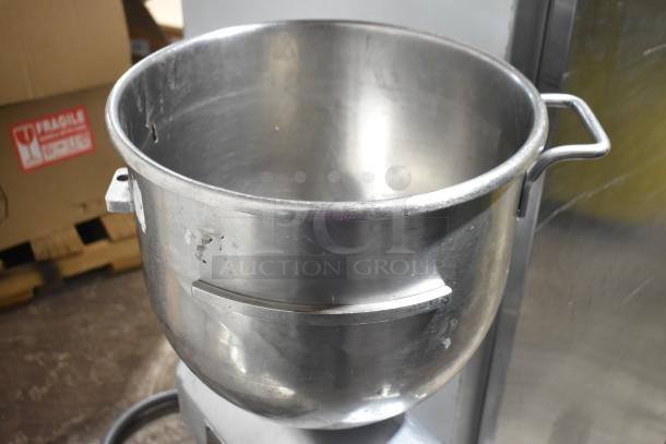 Three Hobart mixer bowls, including D30 30-quart and VMLH-40 40-quart. Stainless steel, used condition.