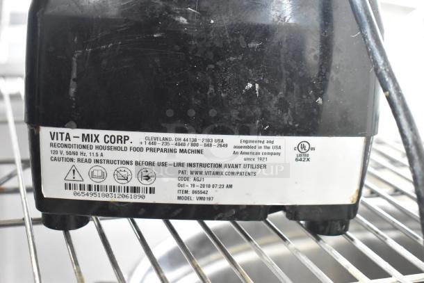 2018 Vita-Mix VM0197 commercial blender base, 120 volts, 1 phase. Visible label with model and specifications.