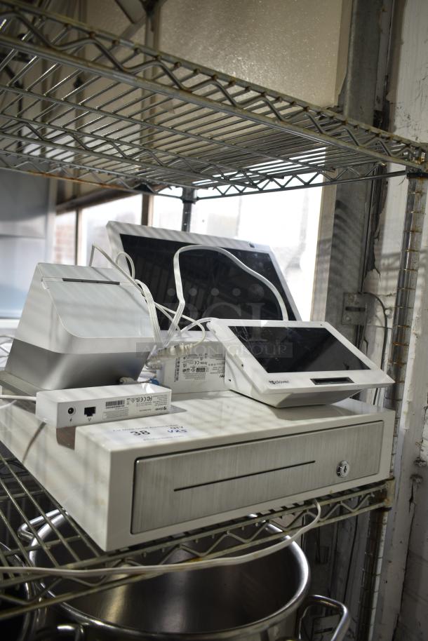 Clover POS System with S505 Duo Display, C505 Terminal, P500 Printer, and D100 Cash Drawer on metal shelf.