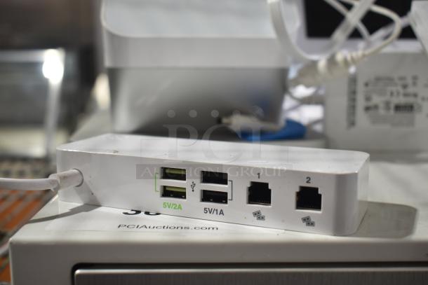 Clover POS system featuring S505 Duo Display, C505 Terminal, P500 Receipt Printer, D100 Cash Drawer; visible ports and connections.