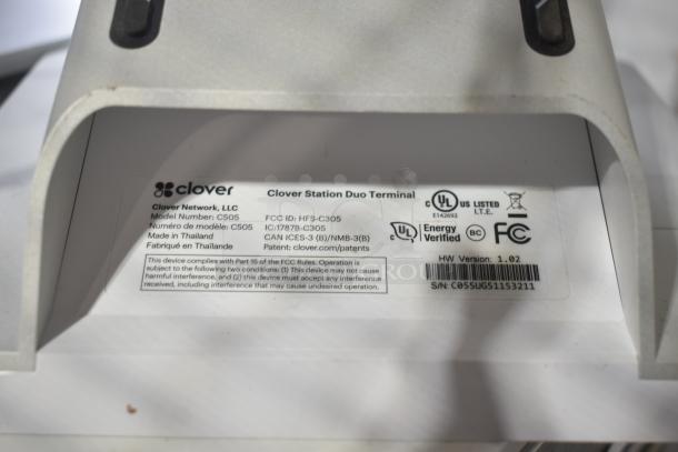 Clover Station Duo Terminal model C505 label, showing FCC ID HFS-C305, ul certifications, and serial number. Made in Thailand.