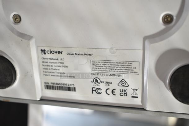 Clover Station Printer label showing model P500, compliance details, and serial number.