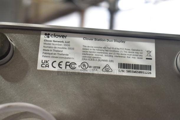 Clover S505 Station Duo Display label, FCC compliant, model and serial number visible, indicating origin and certification.