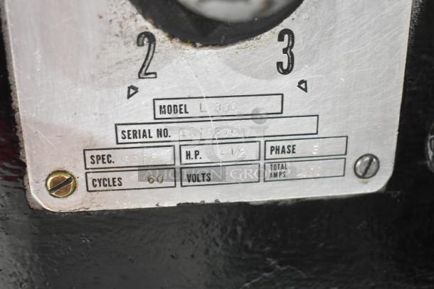 Hobart L800 commercial dough mixer's model plate displaying specifications including 220 volts, 3 phase, cycles 60.