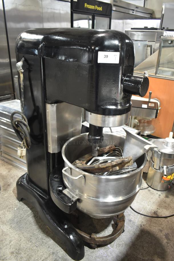 Hobart L800 80 Qt commercial dough mixer with bowl, adapter, paddle, whisk, and dough hook. 220V, 3-phase, floor model.