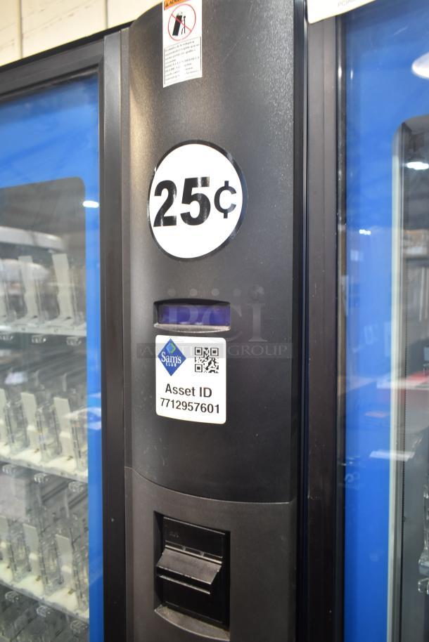 Crane 5800-4 metal vending machine, 25¢ label, bill acceptor, asset ID tag visible. 115V, 1 phase.