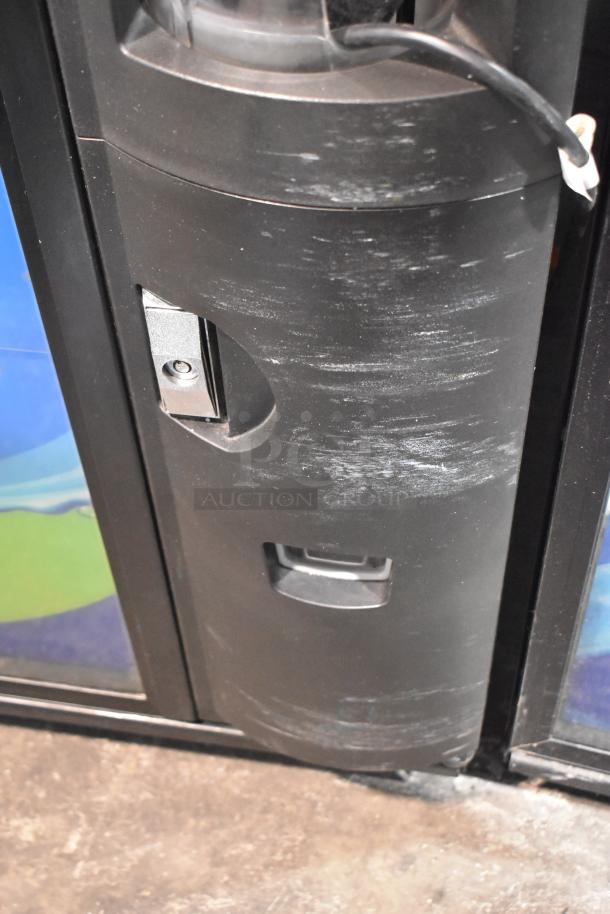 Crane 5800-4 metal commercial drink vending machine with bill acceptor; visible wear, 115 volts, 1 phase.