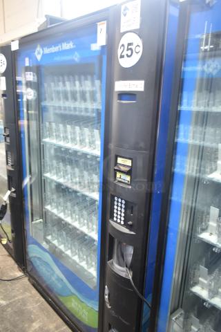 Crane 5800-4 metal commercial vending machine, accepts bills, displays price of 25 cents, for bottled drinks, 115V, 1 phase.