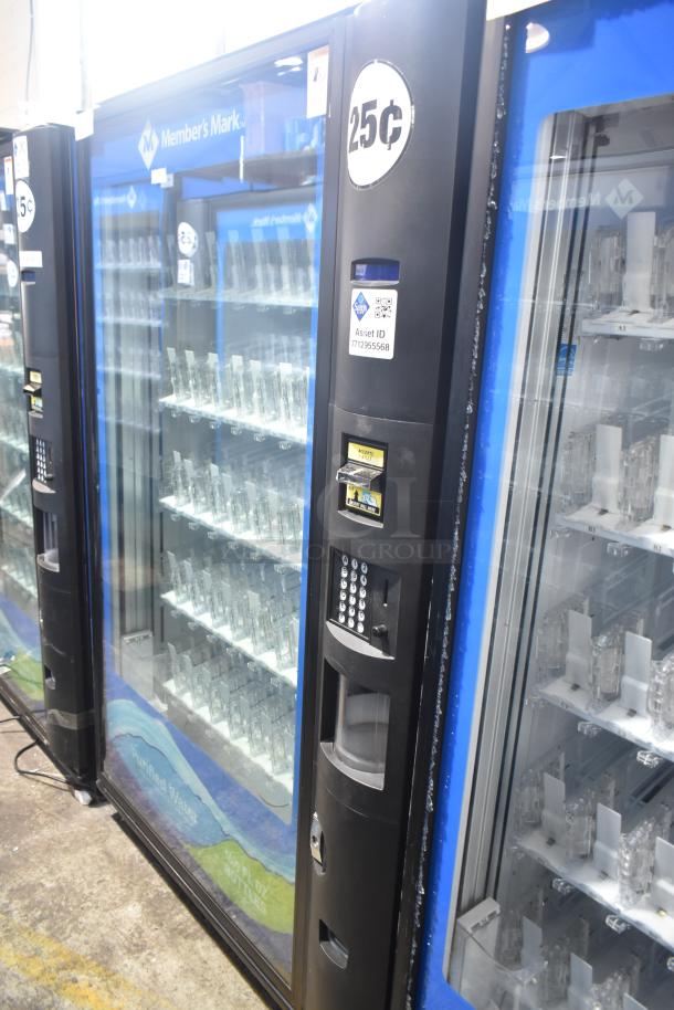 Crane 5800-4 metal vending machine with bill acceptor, accepts 25¢, 115V, 1 phase, clear display, and asset ID tag.