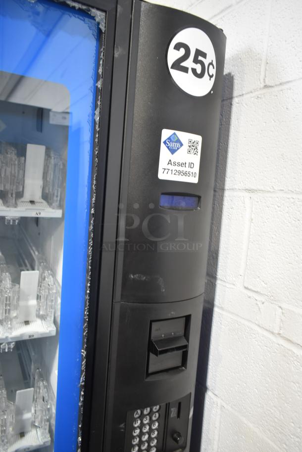 Crane 5800-4 commercial drink vending machine with bill acceptor, glass damage visible, 25¢ label, 115 volts, 1 phase.