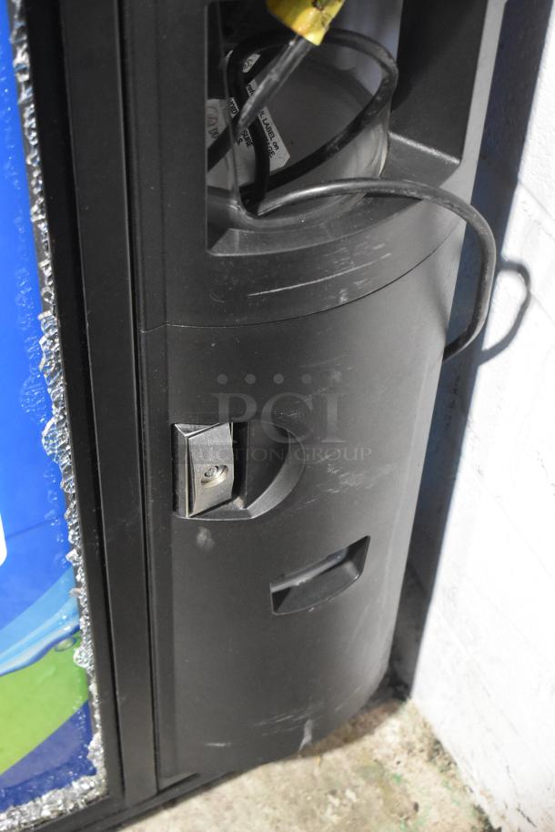 Crane 5800-4 metal vending machine, bill acceptor, glass damage visible. 115 volts, 1 phase.