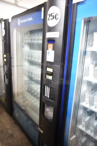 Crane 5800-4 metal vending machine for bottled drinks, with bill acceptor, 115V, 1 Phase, includes 25¢ pricing label.