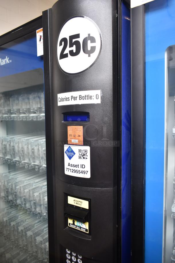 Crane 5800-4 metal commercial vending machine with bill acceptor. Features 25¢ per bottle and 115 volts, 1 phase. Asset ID visible.