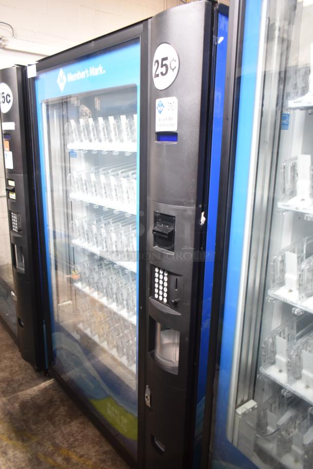 Crane 5800-4 metal vending machine with bill acceptor, holds bottled drinks. Features 25-cent label, glass front, 115V, 1-phase.