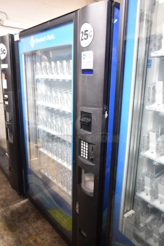 Crane 5800-4 metal vending machine with bill acceptor, holds bottled drinks. Features 25-cent label, glass front, 115V, 1-phase.