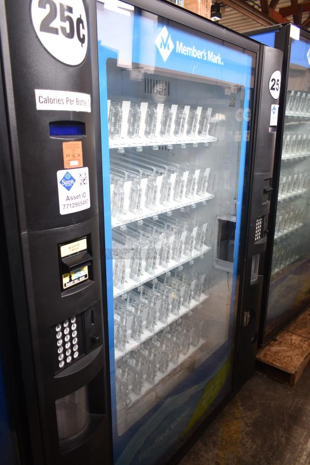 Crane 5800-4 metal commercial vending machine, bill acceptor, 115V, 1 phase, displays 25¢ pricing and asset ID tag.