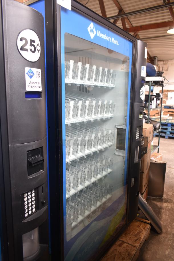 Crane 5800-4 metal commercial drink vending machine with bill acceptor, 115V, 1 phase, visible condition in warehouse.