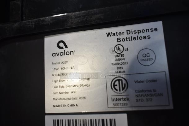 Avalon A23F water cooler label, UL listed, 115V, 60Hz, 6A, R134a refrigerant, QC passed, NSF/ANSI/CAN standard. Made in China.