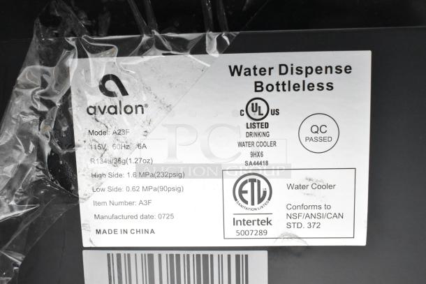 Avalon A23F water cooler label; 115V, 60Hz, QC passed, ETL listed, Made in China.