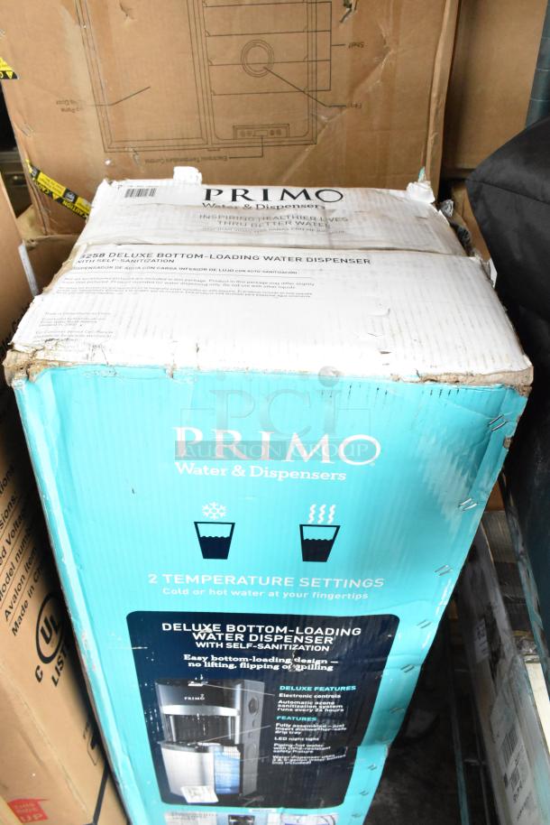 Avalon A23F and Primo bottom-loading water dispensers, new in sealed boxes, 120V, featuring dual temperature settings.