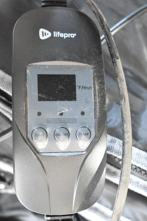 LifePro sauna blanket control panel showing brand logo, temperature settings, and time control. Model LP-BRMDYL-BLK-1.
