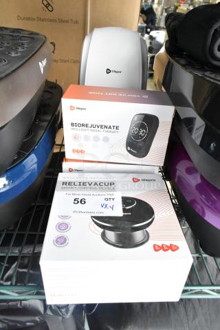 4 LifePro items: Relievacup Smart Cupping Device, Biorejuvenate Red Light Nasal Therapy, Velocity Vibrating Massage Ball, Legra Massager. Boxed, excellent condition.