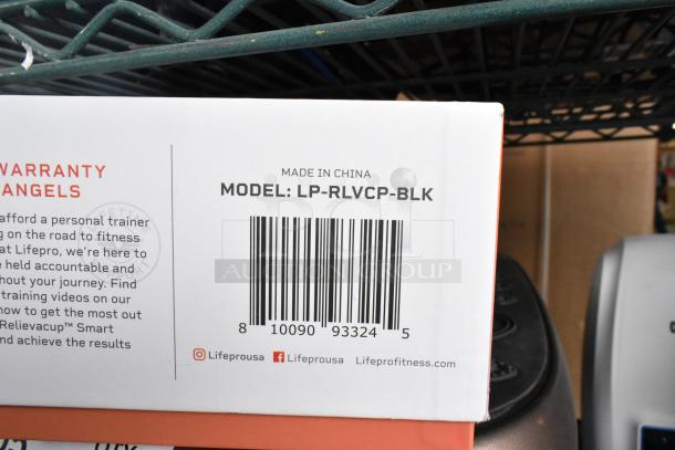 Box with LifePro model LP-RLVCP-BLK barcode, featuring warranty details and social media tags for fitness devices.