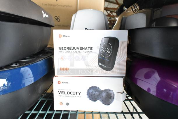 LifePro Biorejuvenate Red Light Nasal Therapy and Velocity Vibrating Massage Ball boxed on a shelf.