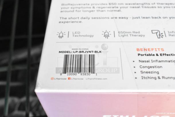 Box close-up of LifePro Biorejuvenate Red Light Nasal Therapy, model LP-BRJVNT-BLK, showing benefits and barcode.