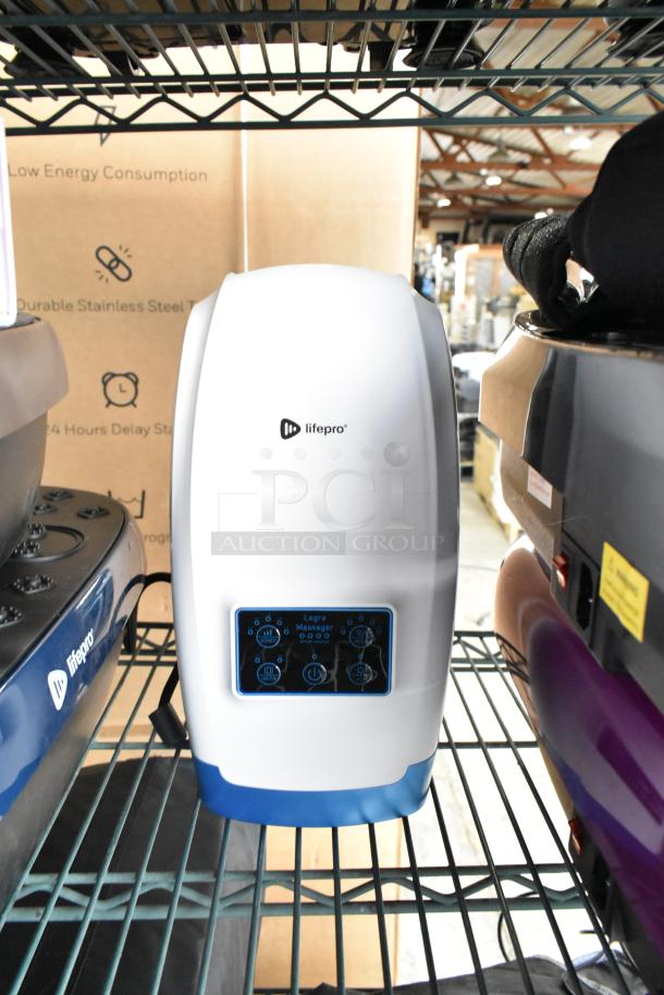 LifePro Legra Massager with digital display on metal shelf; part of a set with LifePro therapy devices.