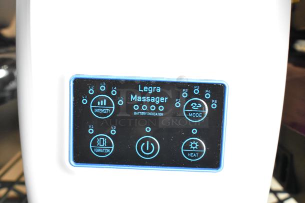 LifePro Legra Massager control panel with intensity, mode, vibration, and heat settings, featuring battery indicator.