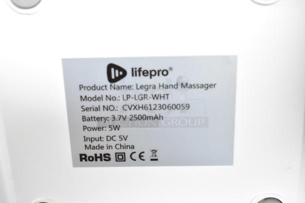LifePro Legra Hand Massager label with model LP-LGR-WHT, battery 3.7V, 2500mAh, 5W power, made in China.