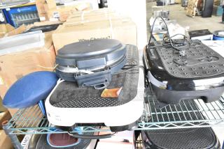 4 items: Hurtle HURVBTR36 vibration plate, LifePro vibration plates, Chefman RJ58-EM-MIDNIGHT-AM-E pizza maker, Harman Kardon speaker.