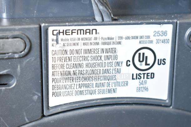 Label on Chefman RJ58-EM-MIDNIGHT-AM-E Pizza Maker, showing model, voltage, and safety instructions.