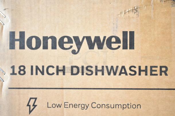 New Honeywell HDS18B Dishwasher, 18-inch, 8 settings, 6 programs, stainless steel tub. Box shows "Low Energy Consumption".