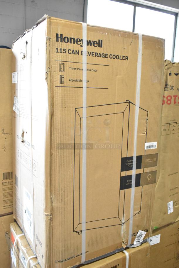 Brand new Honeywell H115BCS can cooler, 115V, shown in original packaging with some box damage, merchandiser model.