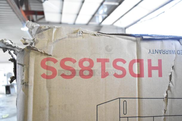 Damaged box of a Honeywell HDS18SS dishwasher, featuring 8 place settings, 6 wash programs, stainless steel tub, UL/Energy Star.